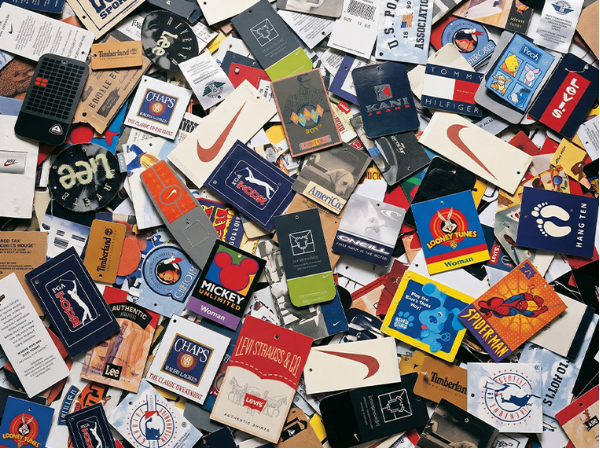 Collage of apparel hangtags produced over four decades